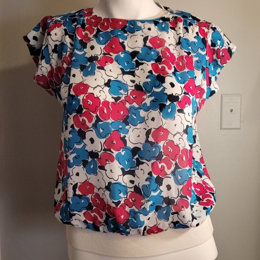 Vintage 70s Bright Floral Blouse Small Kitsch Grannycore Cap Sleeve Retro Top